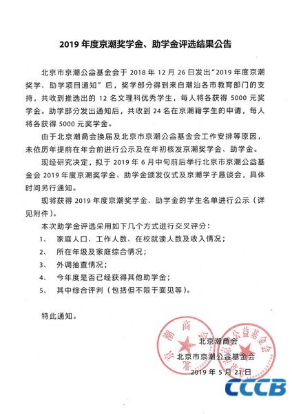 【通知】北京潮商会、北京市京潮公益基金会2019年度京潮奖学金、助学金评选结果公告