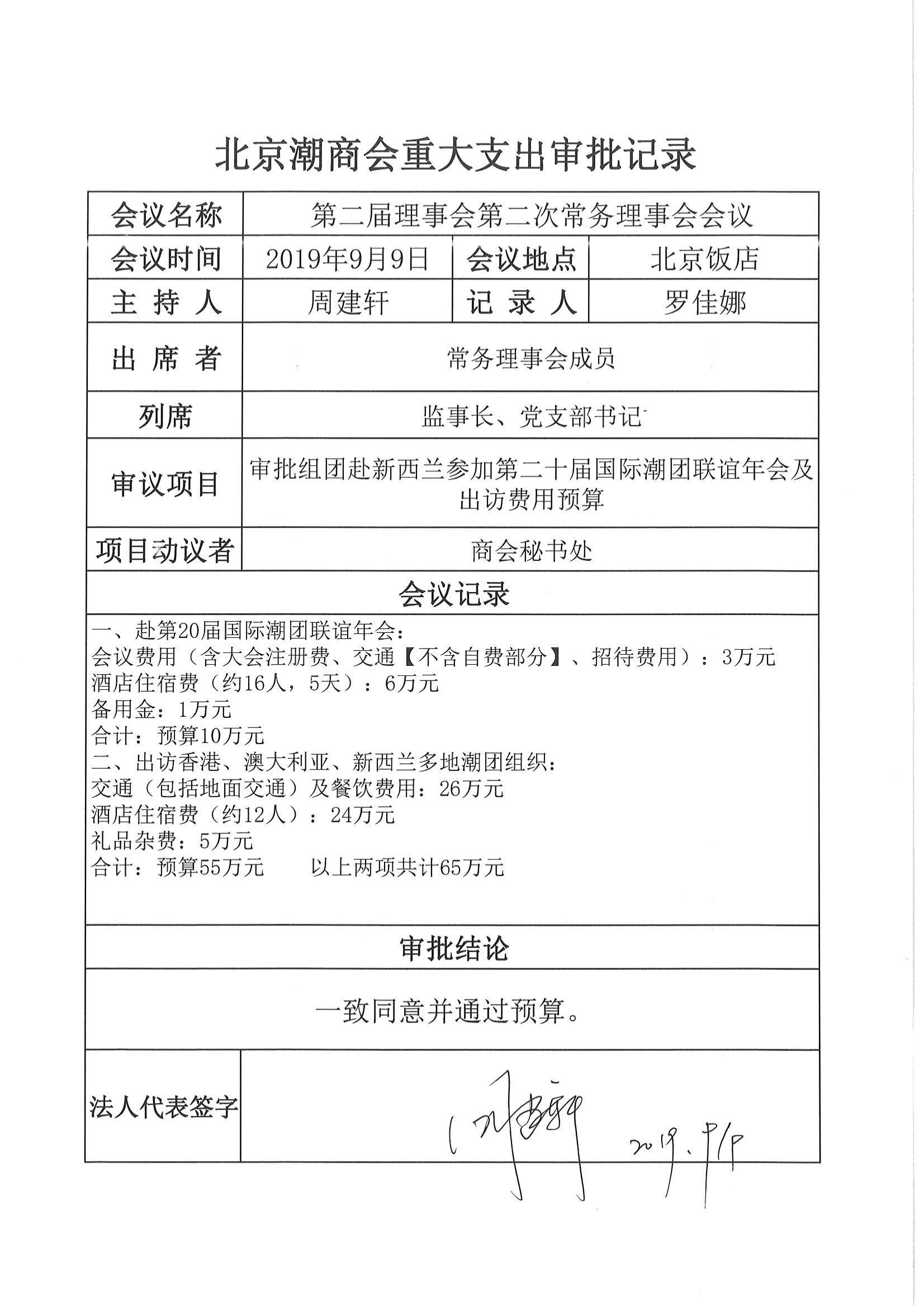 北京潮商会重大支出审批记录2019第2号（20190909第二届第二次常务理事会）