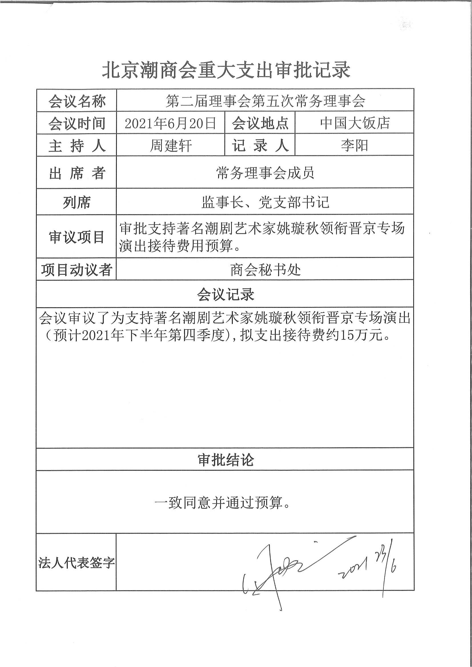 北京潮商会重大支出审批记录（20210620第5次常务理事会议）