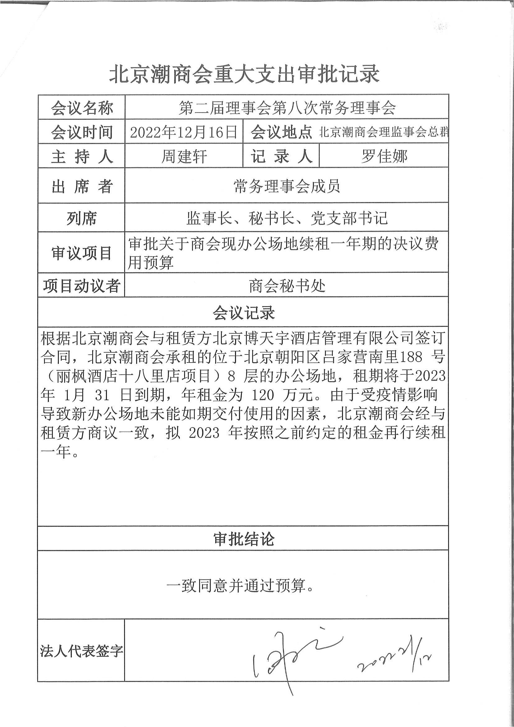 北京潮商会重大支出审批记录（20221216第8次常务理事会议）