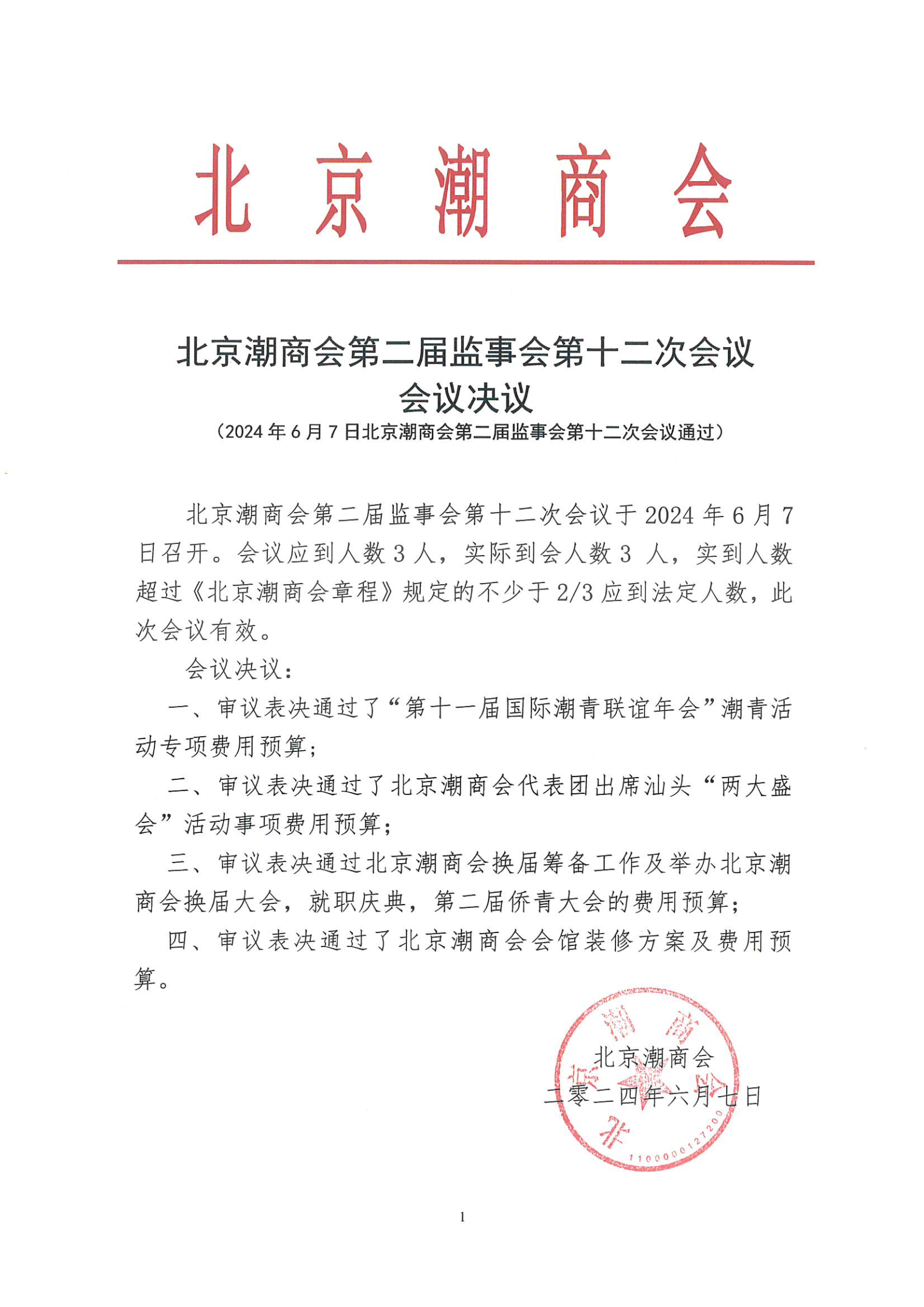 北京潮商会第二届监事会第十二次会议会议决议